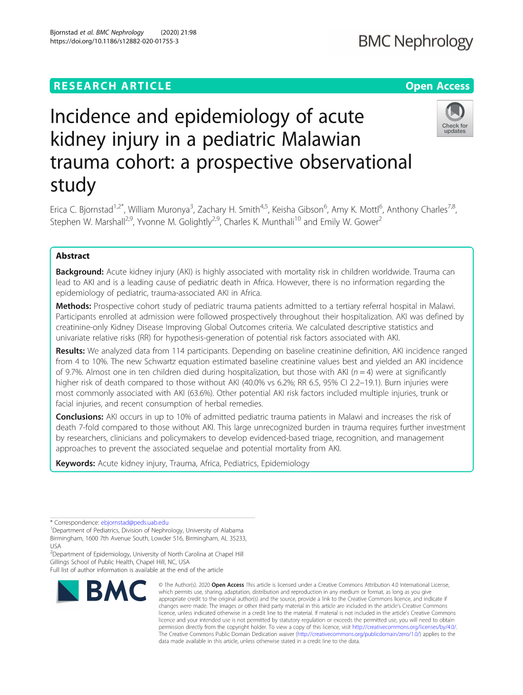Incidence and Epidemiology of Acute Kidney Injury in a Pediatric Malawian Trauma Cohort: a Prospective Observational Study Erica C
