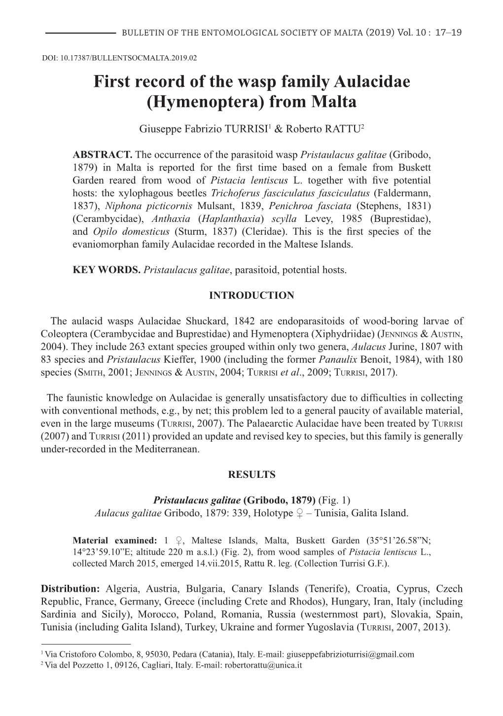 First Record of the Wasp Family Aulacidae (Hymenoptera) from Malta