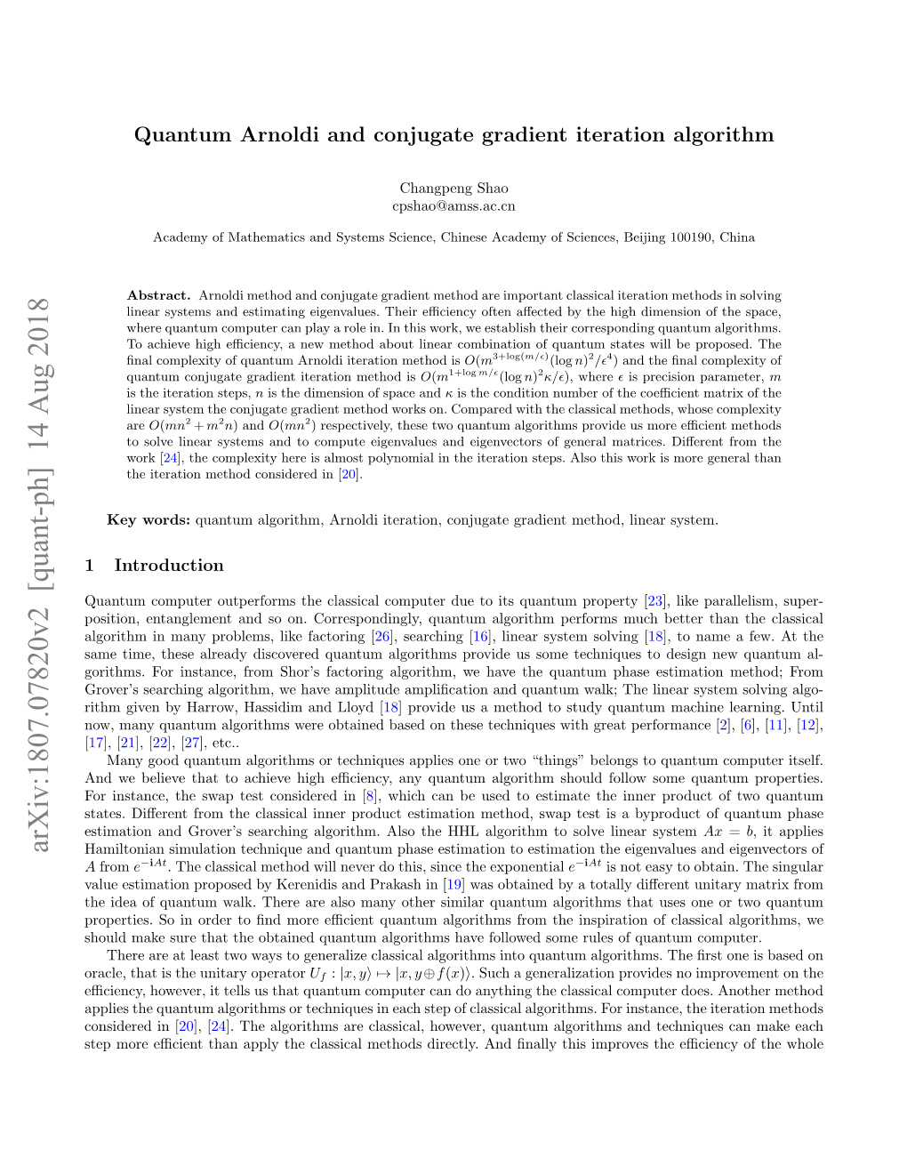 Arxiv:1807.07820V2 [Quant-Ph] 14 Aug 2018 Hamiltonian Simulation Technique and Quantum Phase Estimation to Estimation the Eigenvalues and Eigenvectors of a from E−Iat