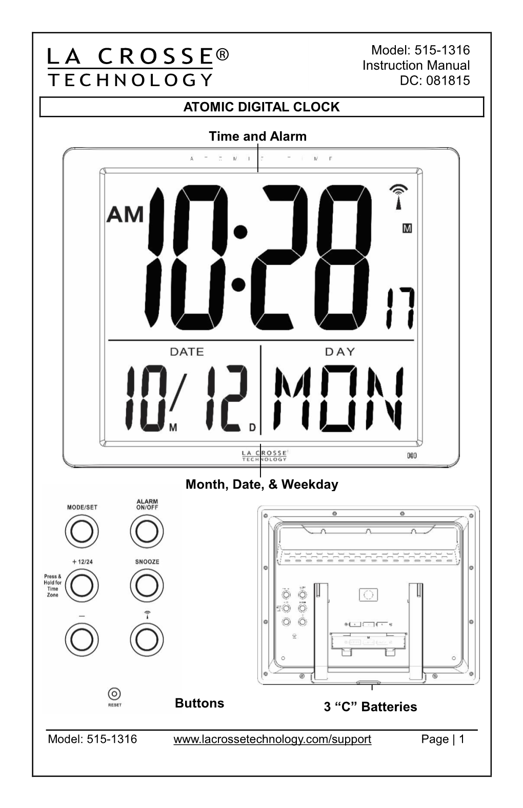 ATOMIC DIGITAL CLOCK Model: 515-1316