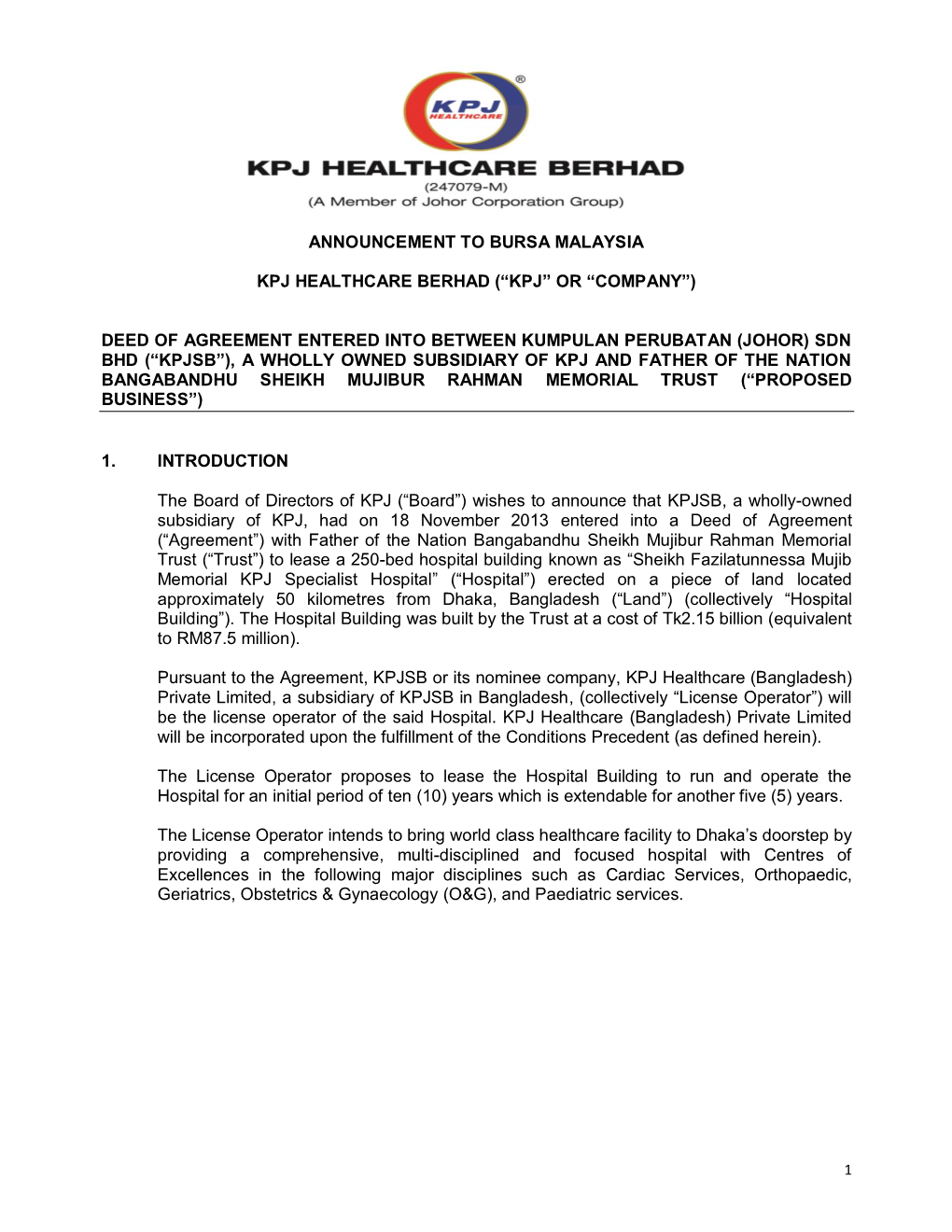 Announcement to Bursa Malaysia Kpj