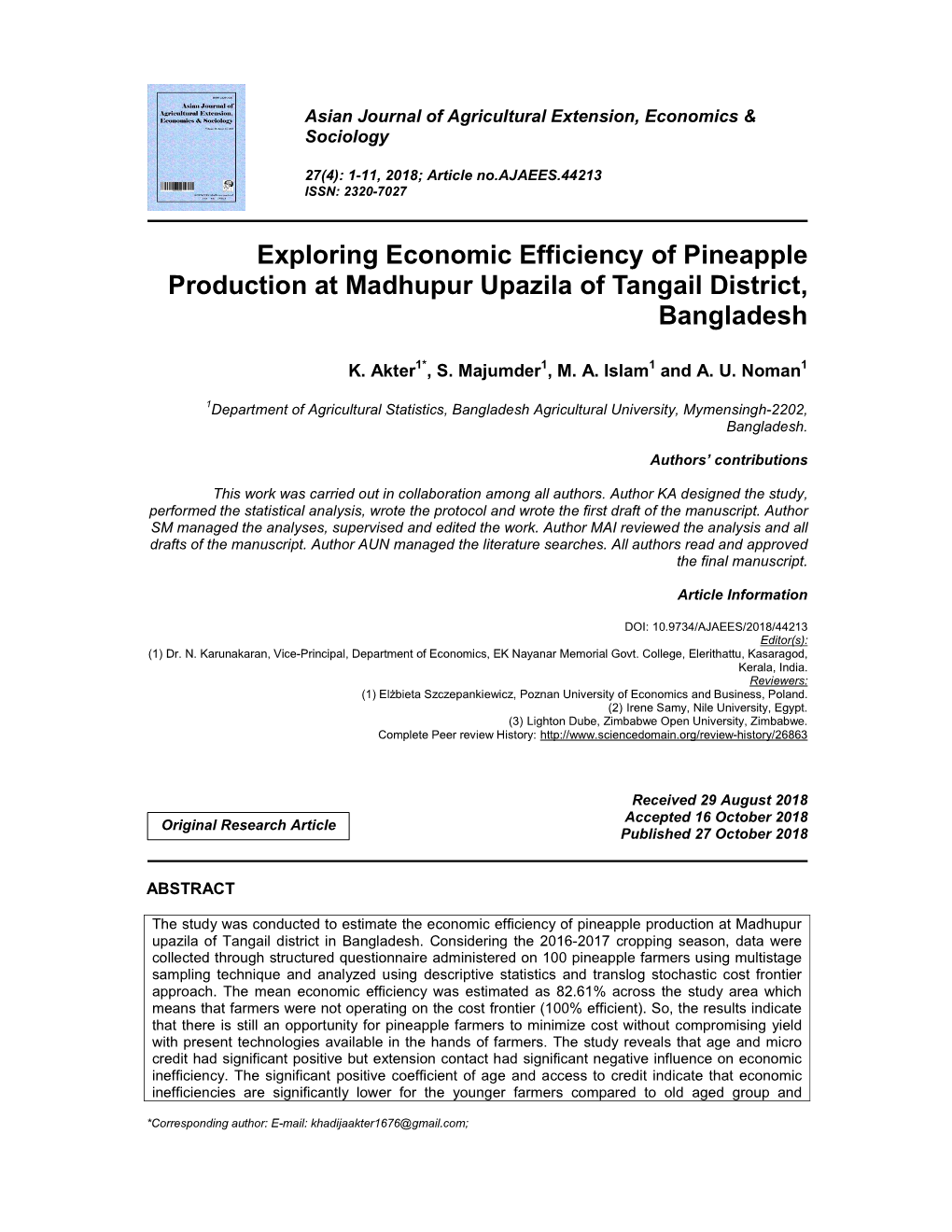 Exploring Economic Efficiency of Pineapple Production at Madhupur Upazila of Tangail District, Bangladesh