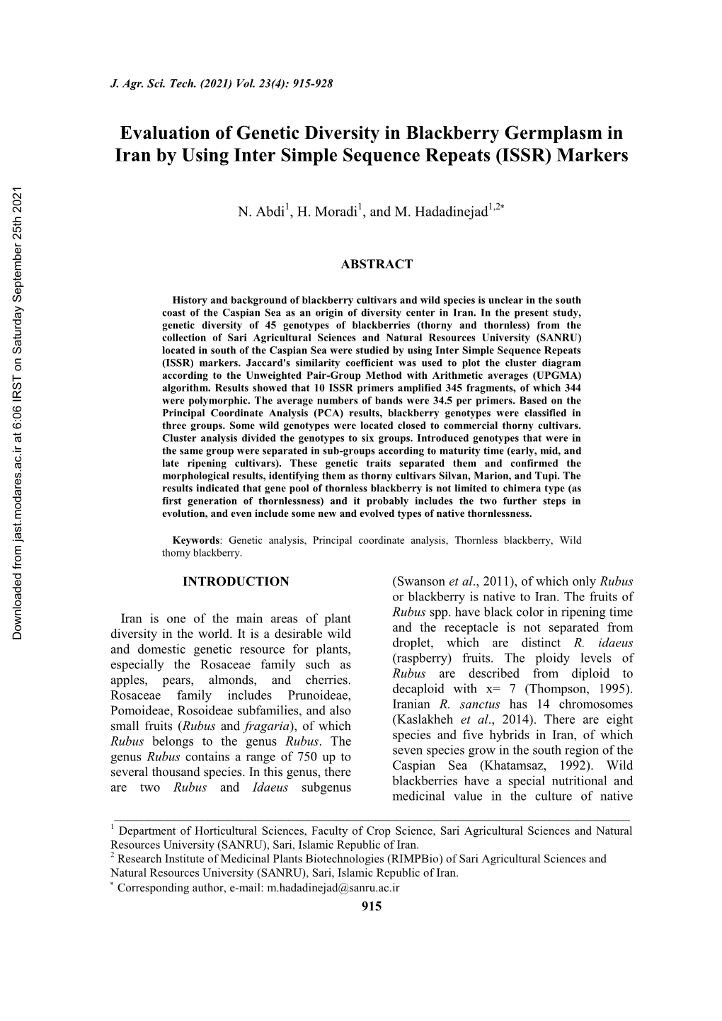 Evaluation of Genetic Diversity in Blackberry Germplasm in Iran by Using Inter Simple Sequence Repeats (ISSR) Markers