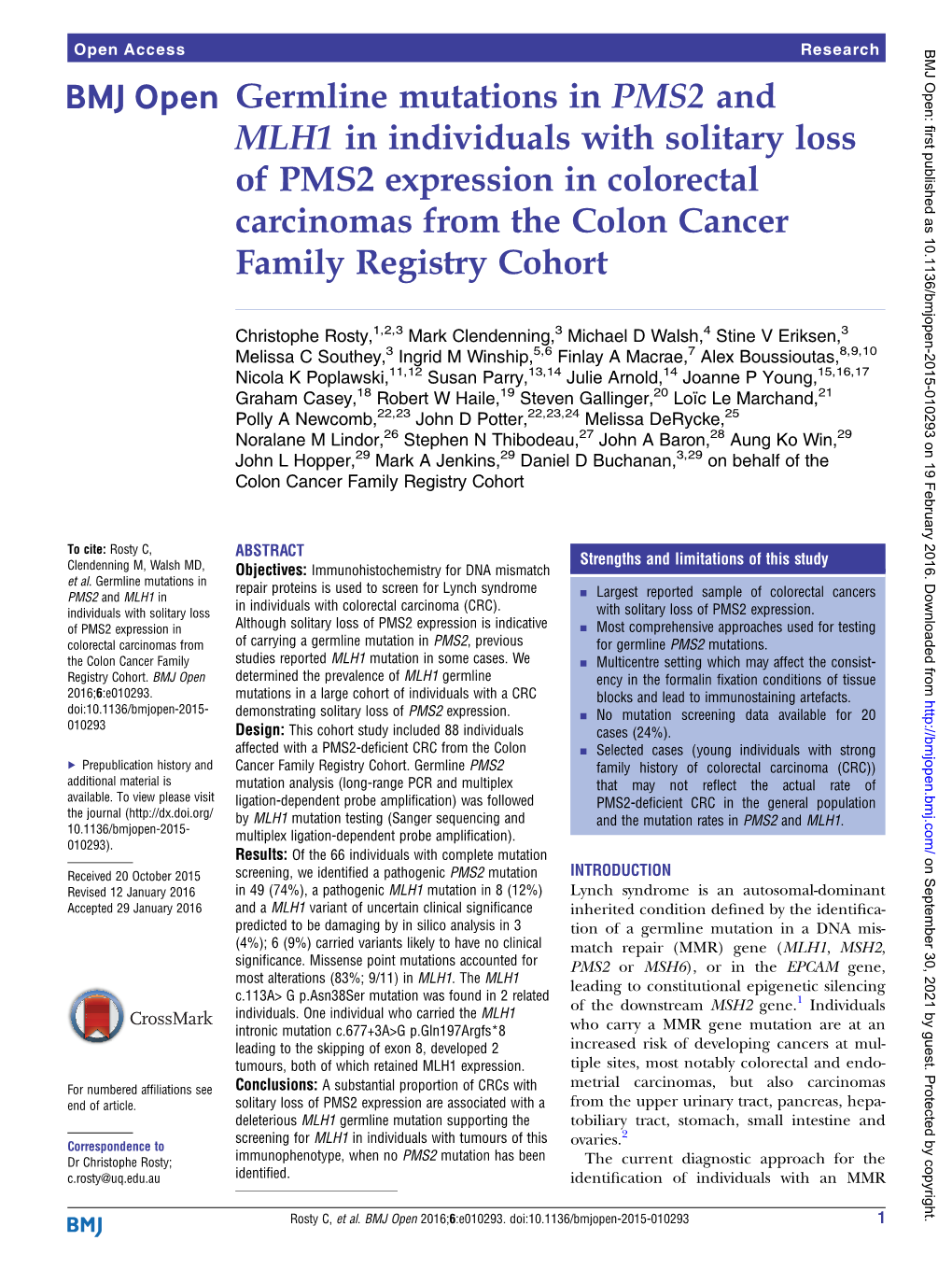 Germline Mutations in PMS2 and MLH1 in Individuals with Solitary Loss of PMS2 Expression in Colorectal Carcinomas from the Colon Cancer Family Registry Cohort