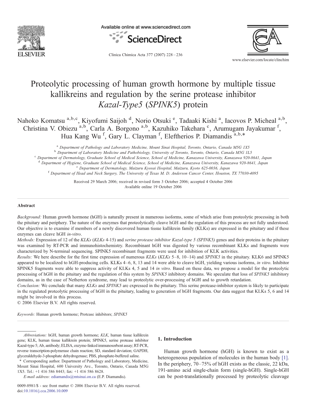 Proteolytic Processing of Human Growth Hormone by Multiple Tissue Kallikreins and Regulation by the Serine Protease Inhibitor Kazal-Type5 (SPINK5) Protein