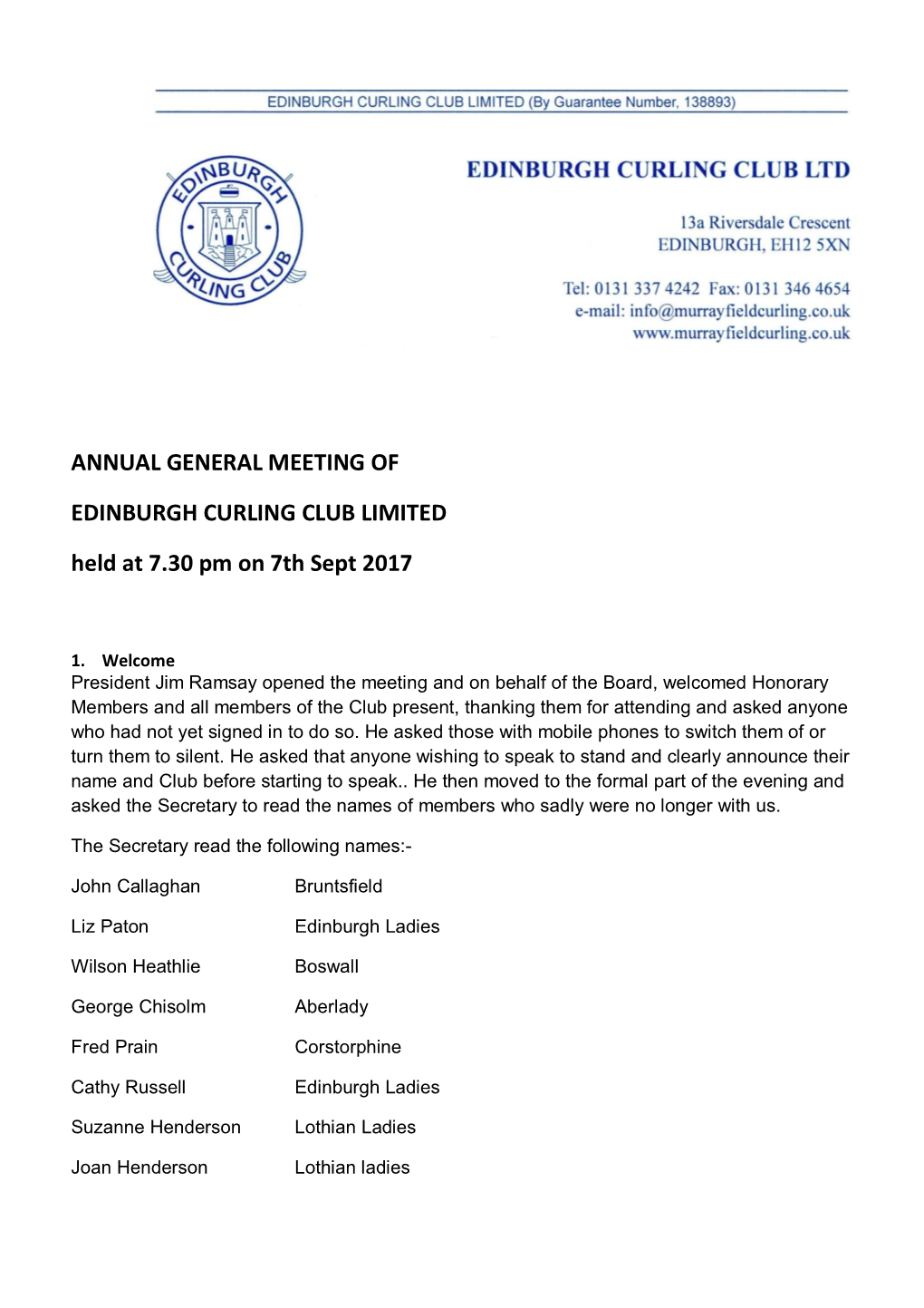 Annual General Meeting of Edinburgh Curling Club
