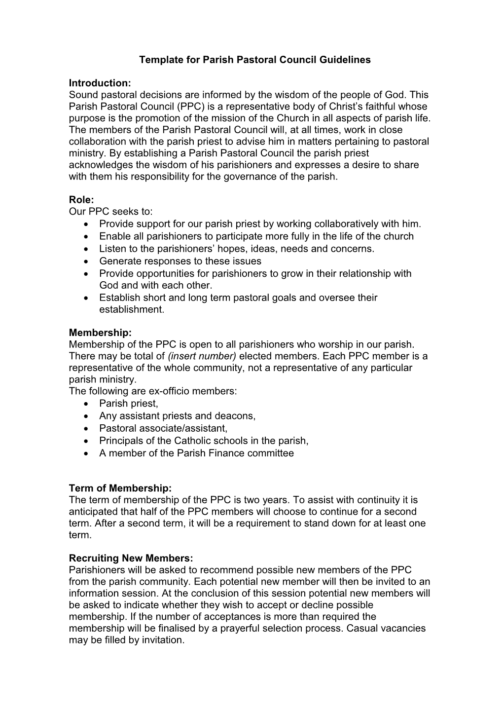 Template for Parish Pastoral Council Guidelines