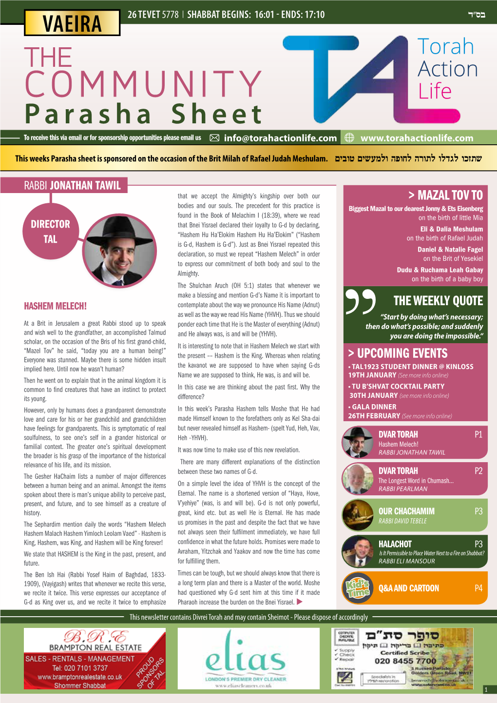 COMMUNITY Parasha Sheet to Receive This Via Email Or for Sponsorship Opportunities Please Email Us Info@Torahactionlife.Com
