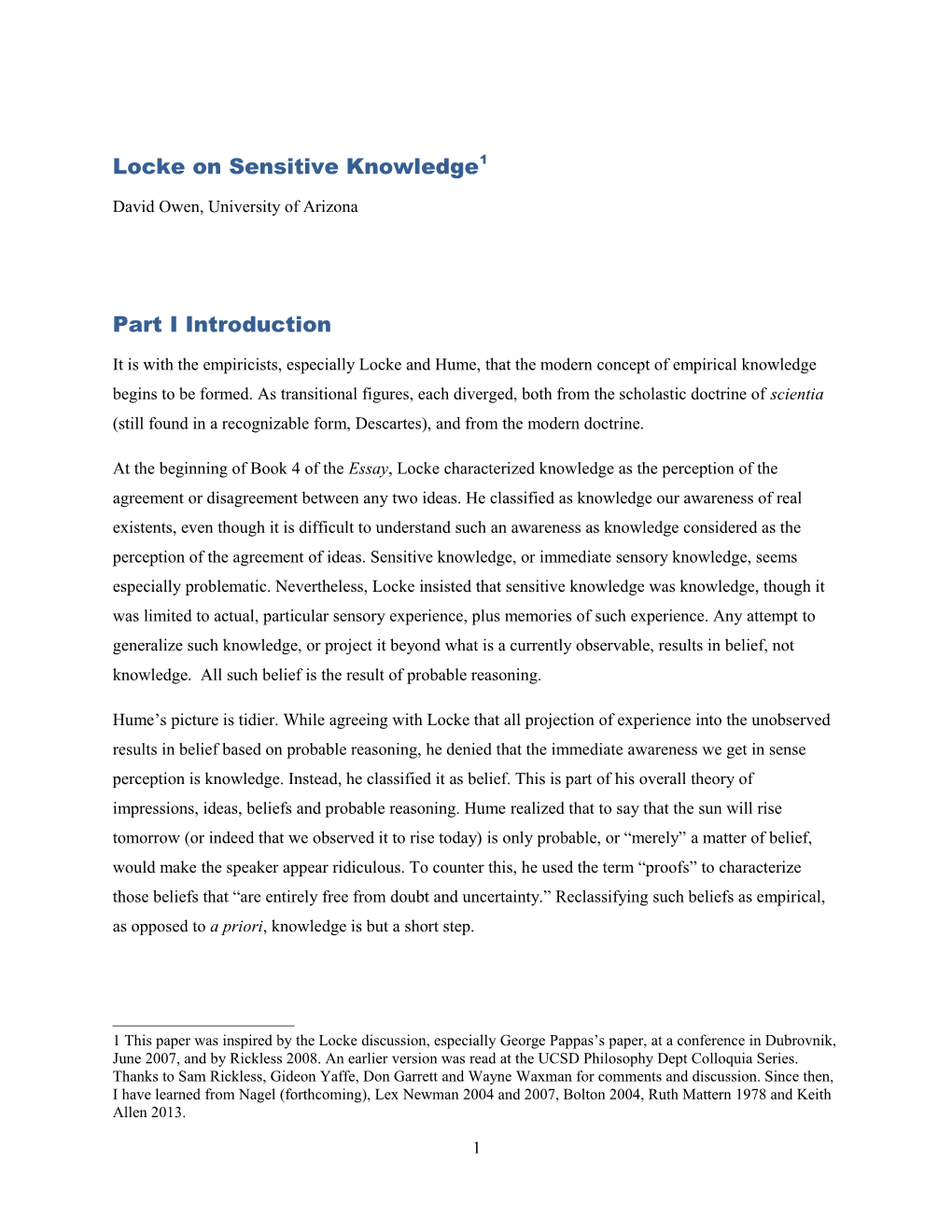 Seeing Is Believing: Sense Impressions And Sensitive Knowledge In Locke And Hume