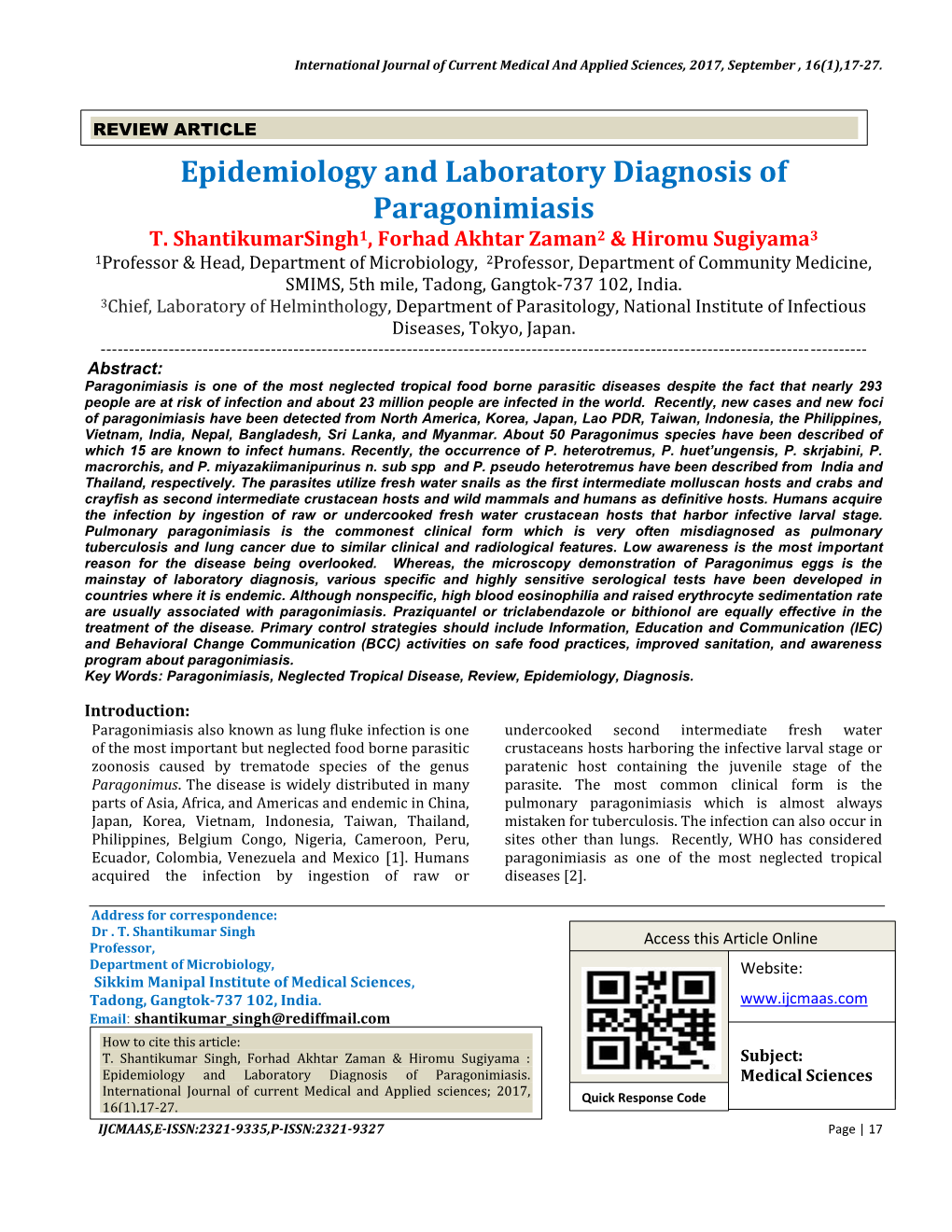 Epidemiology and Laboratory Diagnosis of Paragonimiasis T