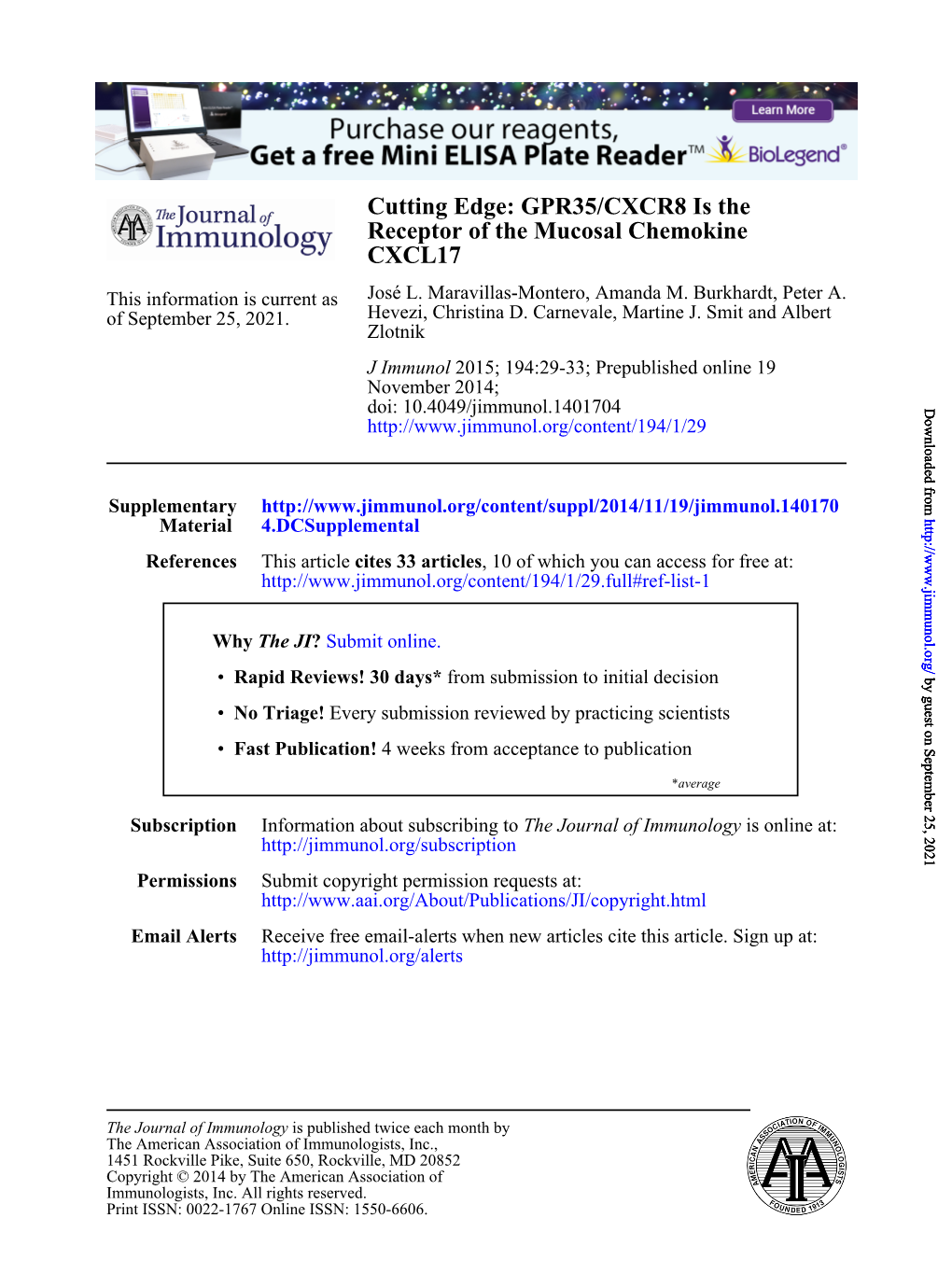 CXCL17 Receptor of the Mucosal Chemokine Cutting Edge: GPR35