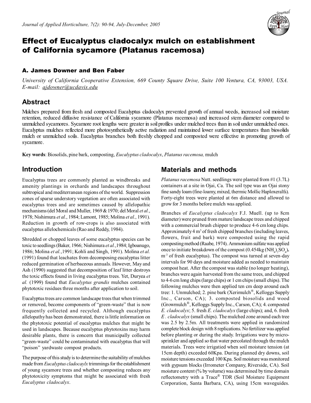 Effect of Eucalyptus Cladocalyx Mulch on Establishment of California Sycamore (Platanus Racemosa)