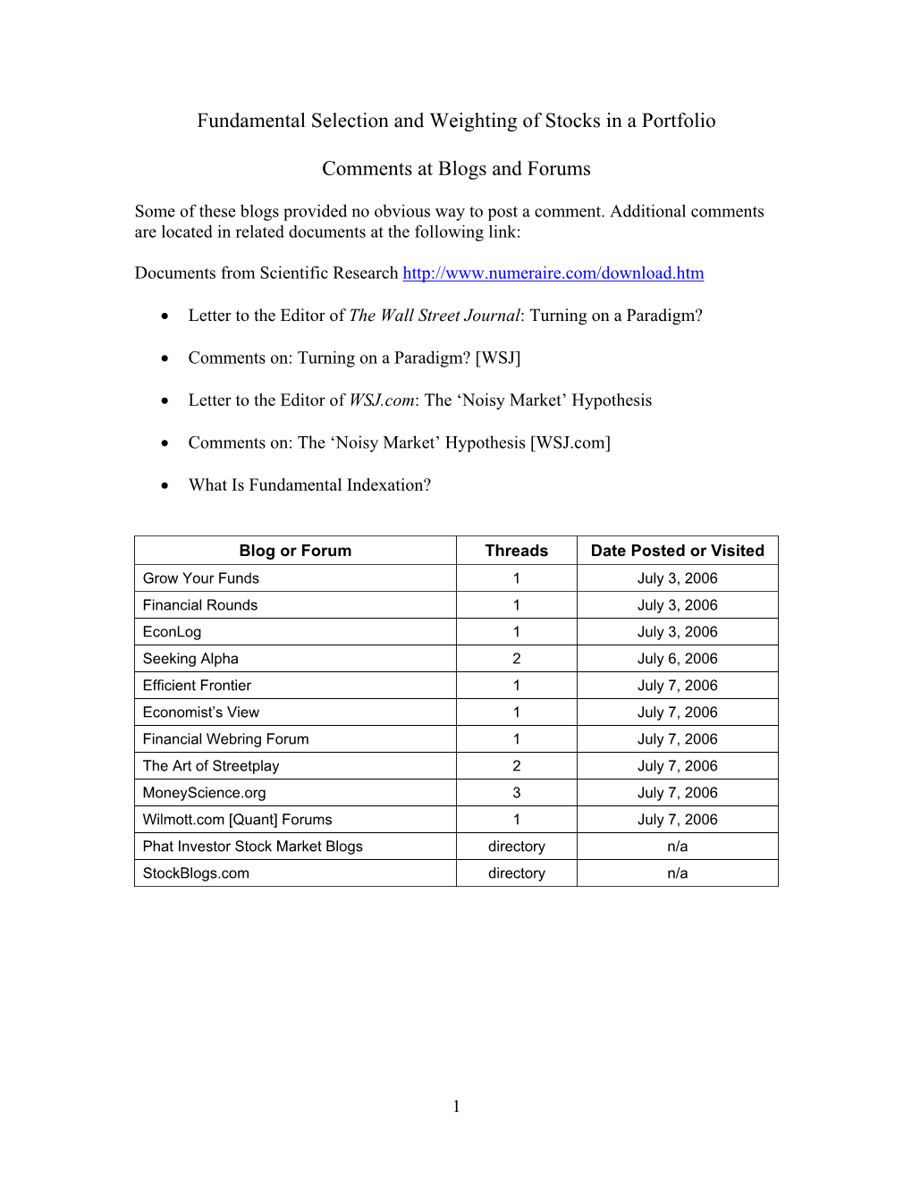 Fundamental Selection and Weighting of Stocks in a Portfolio Comments