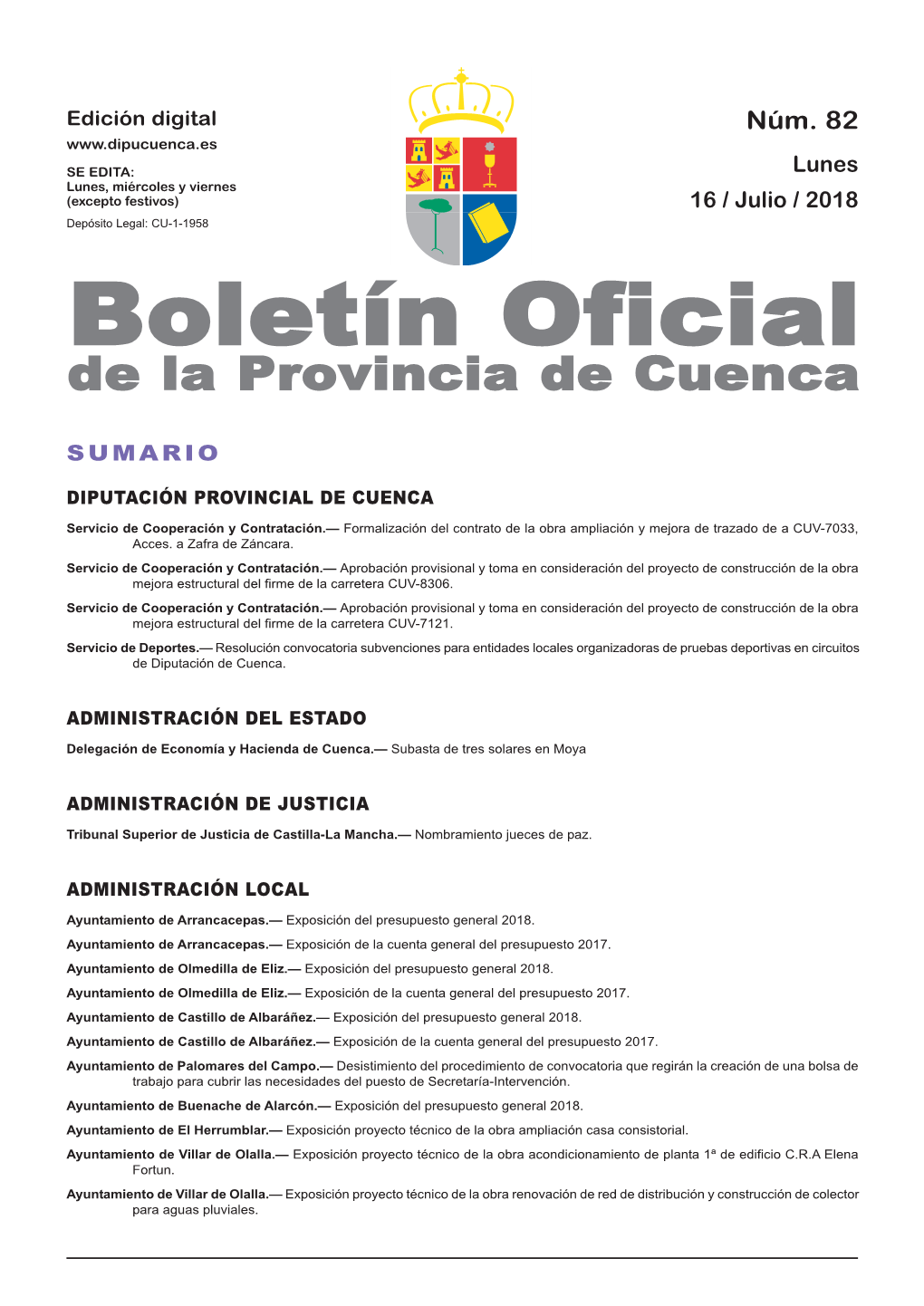 Boletín Oficial De La Provincia De Cuenca Sumario Diputación Provincial De Cuenca