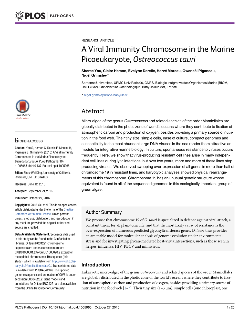 A Viral Immunity Chromosome in the Marine Picoeukaryote, Ostreococcus Tauri