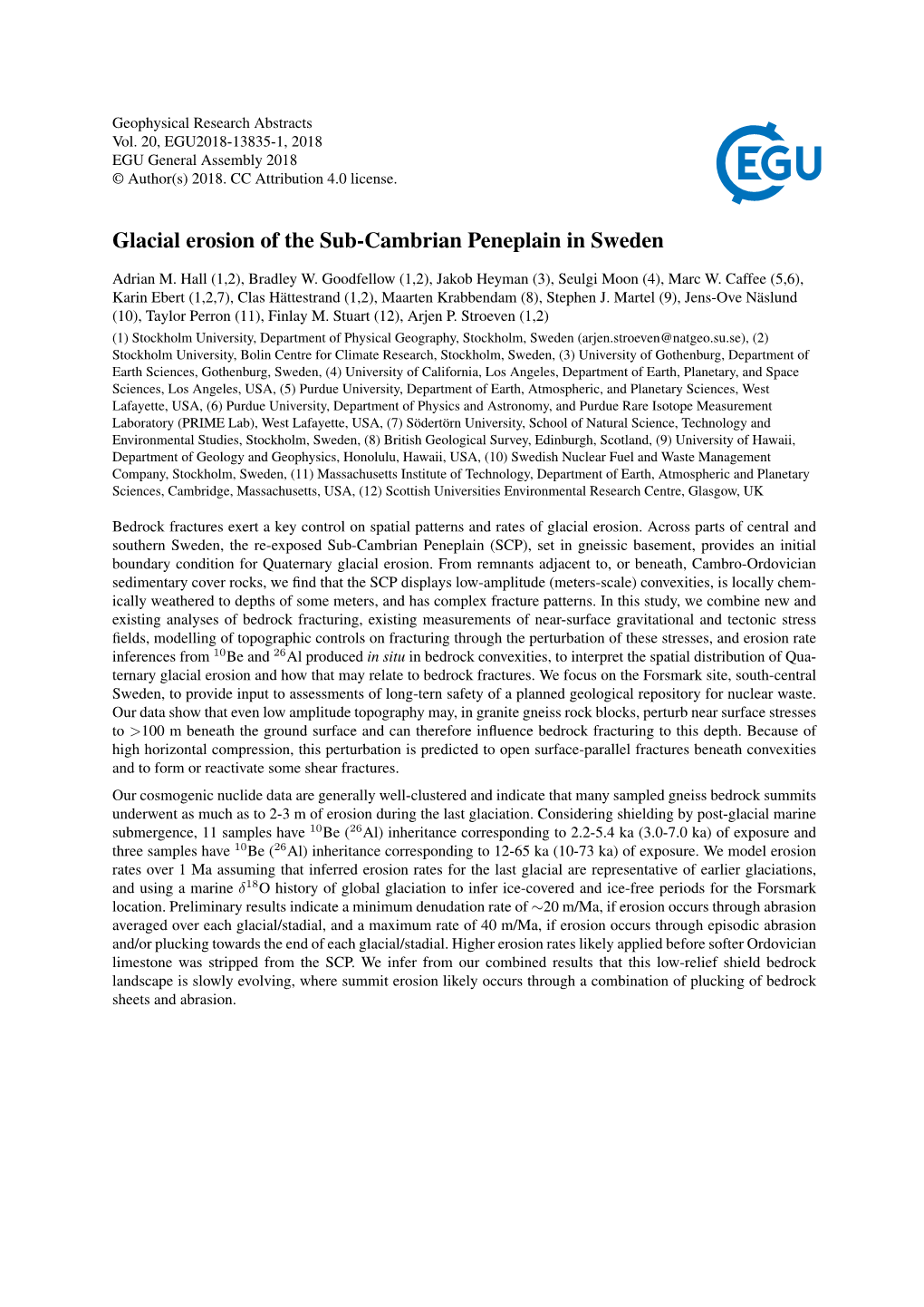 Glacial Erosion of the Sub-Cambrian Peneplain in Sweden