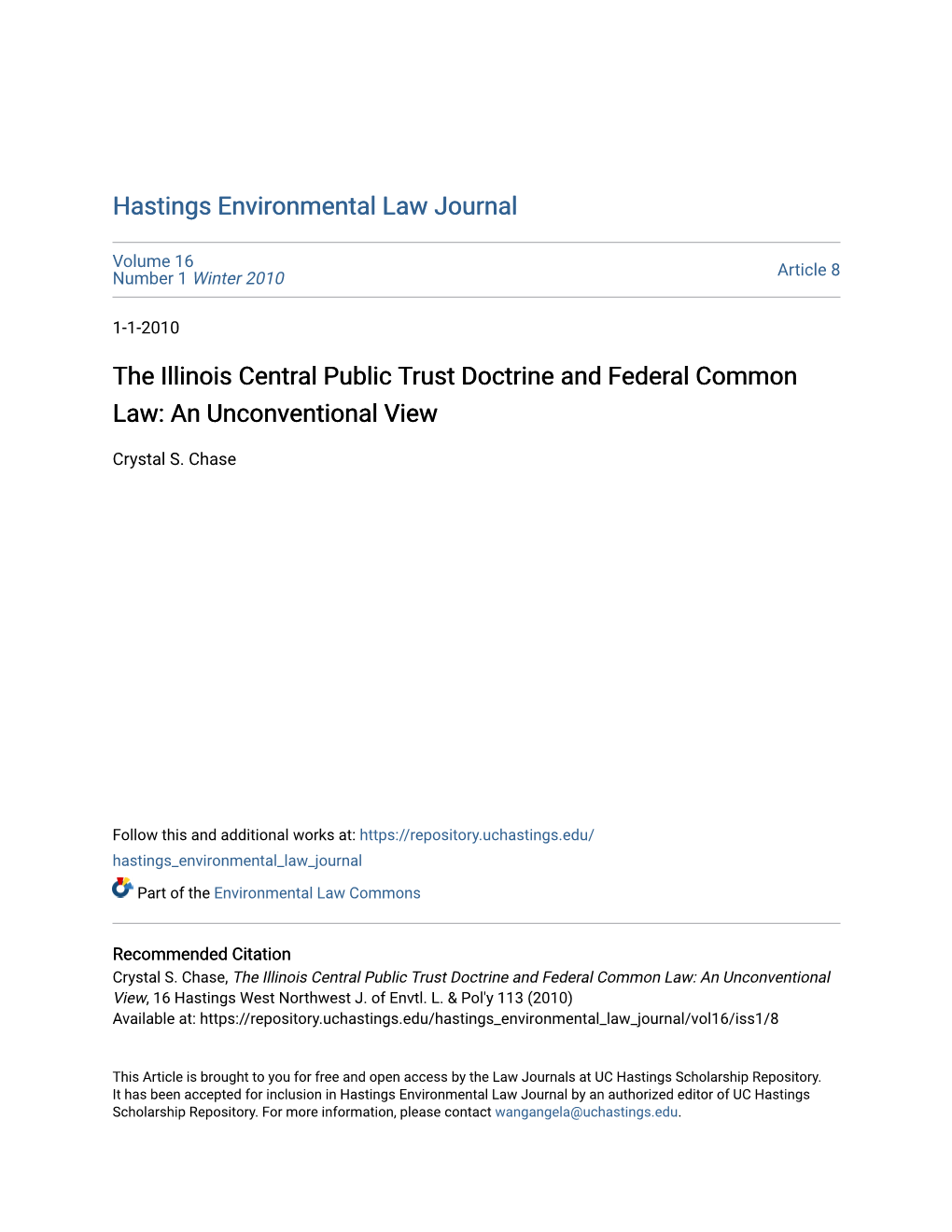 The Illinois Central Public Trust Doctrine and Federal Common Law: an Unconventional View