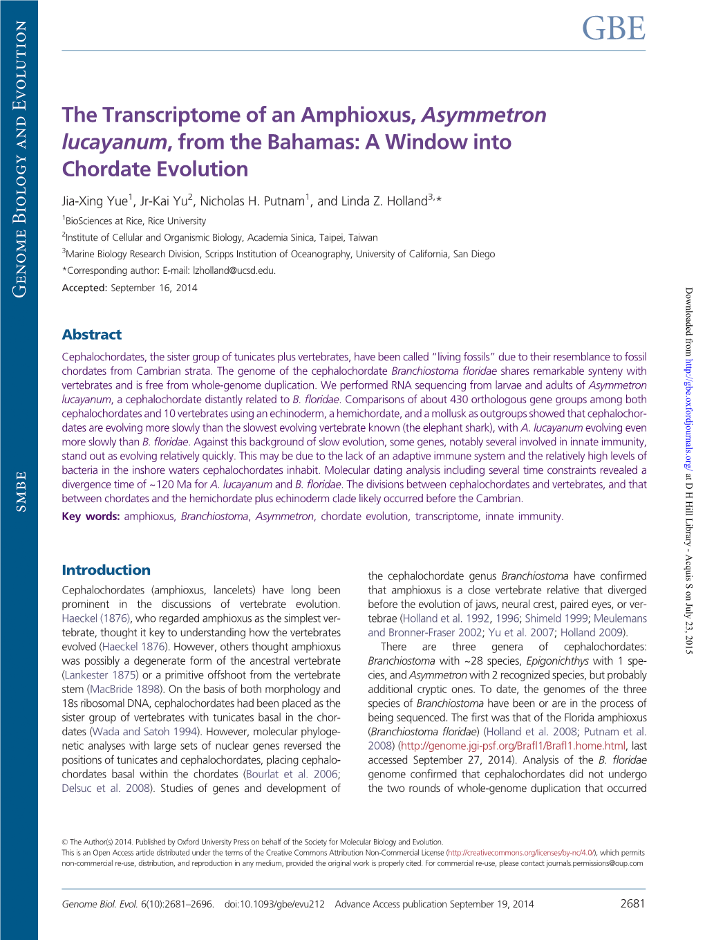 The Transcriptome of an Amphioxus, Asymmetron Lucayanum, from the Bahamas: a Window Into Chordate Evolution