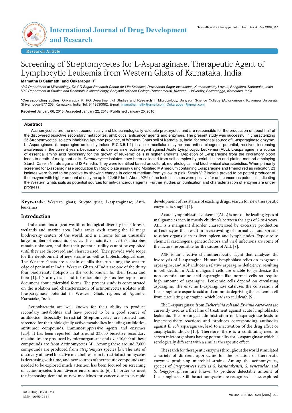 Screening of Streptomycetes for L-Asparaginase, Therapeutic Agent