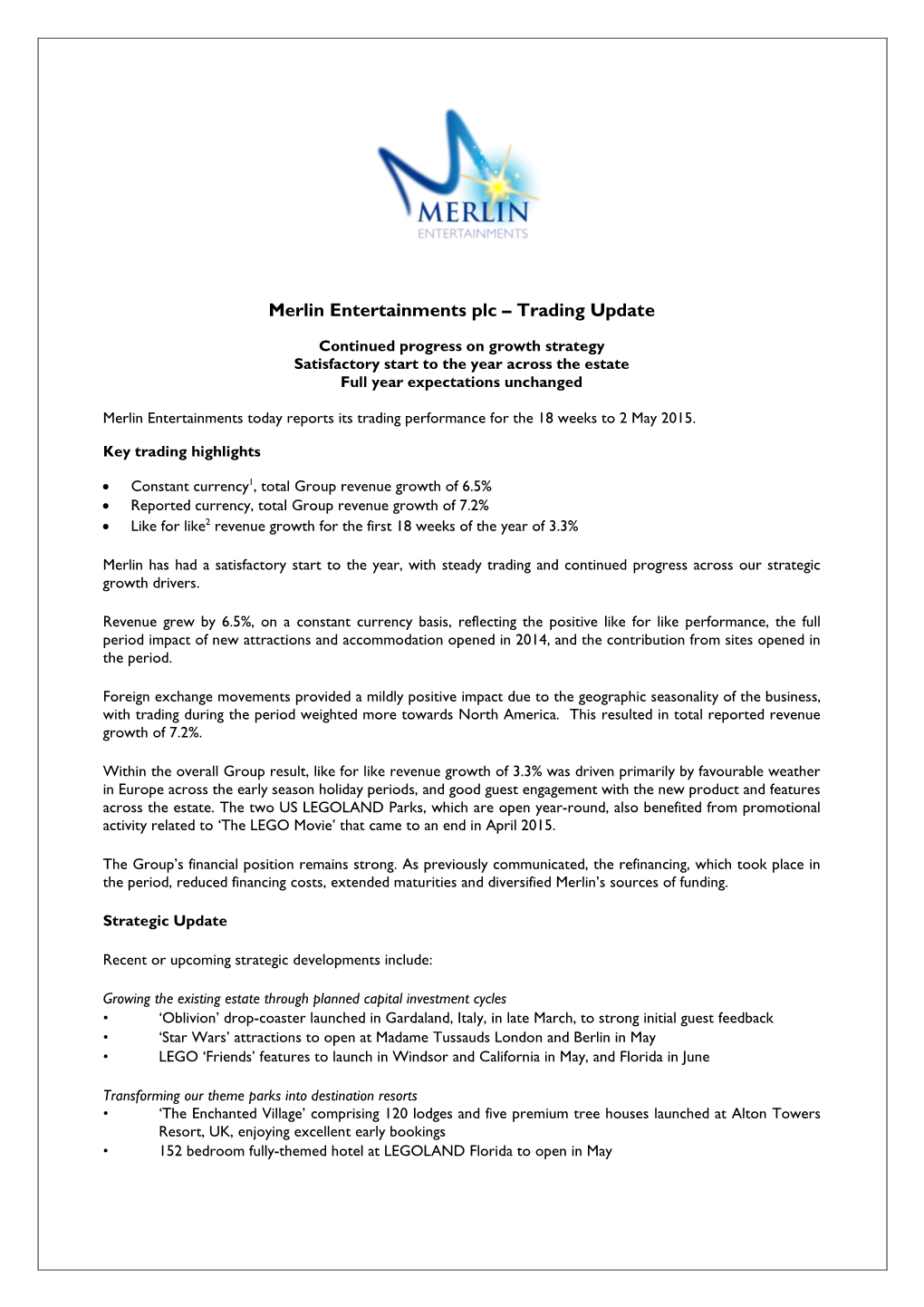 Merlin Entertainments Plc – Trading Update