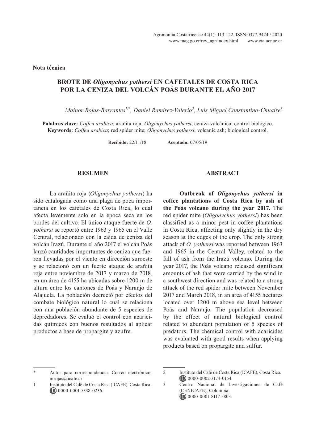 BROTE DE Oligonychus Yothersi EN CAFETALES DE COSTA RICA POR LA CENIZA DEL VOLCÁN POÁS DURANTE EL AÑO 2017