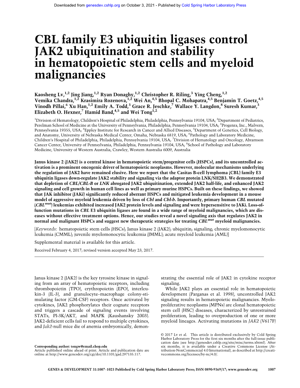 CBL Family E3 Ubiquitin Ligases Control JAK2 Ubiquitination and Stability in Hematopoietic Stem Cells and Myeloid Malignancies