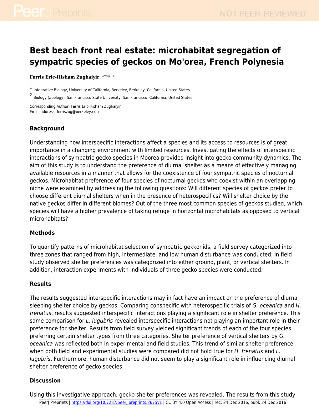 Microhabitat Segregation of Sympatric Species of Geckos on Mo'orea, French Polynesia