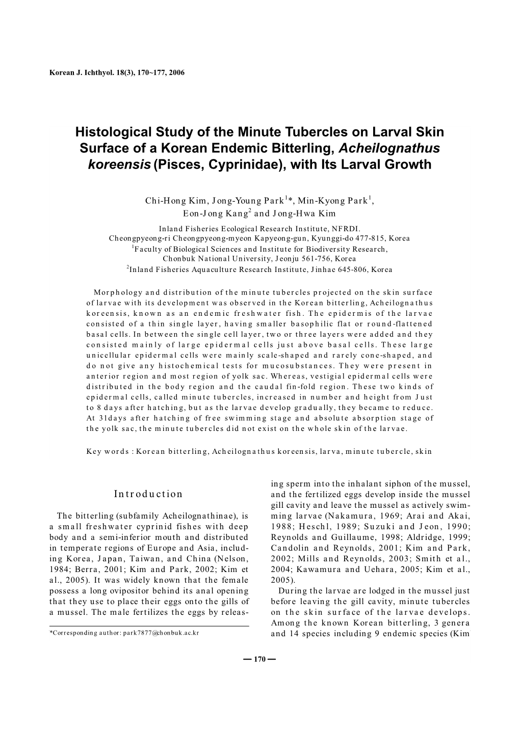 Histological Study of the Minute Tubercles on Larval Skin Surface of a Korean Endemic Bitterling, Acheilognathus Koreensis