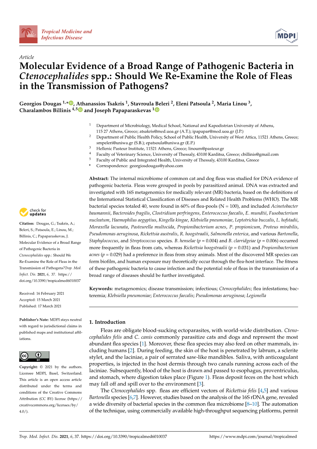 Molecular Evidence of a Broad Range of Pathogenic Bacteria in Ctenocephalides Spp.: Should We Re-Examine the Role of Fleas in the Transmission of Pathogens?