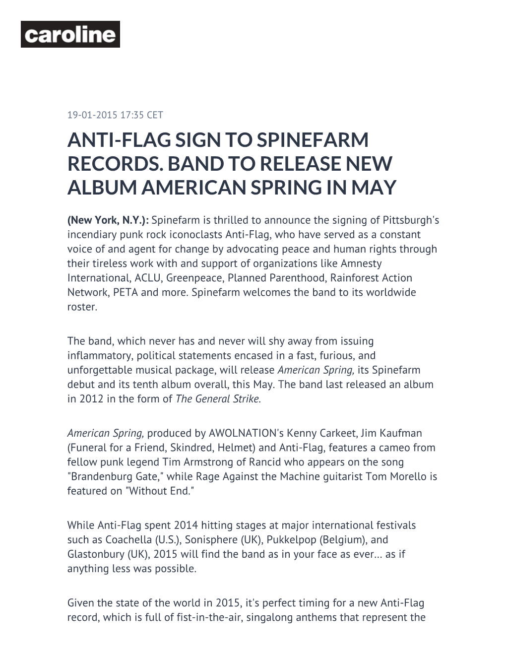 Anti-Flag Sign to Spinefarm Records. Band to Release New Album American Spring in May
