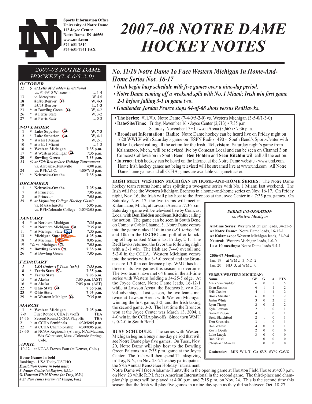 2007-08 NOTRE DAME Hockey NOTES