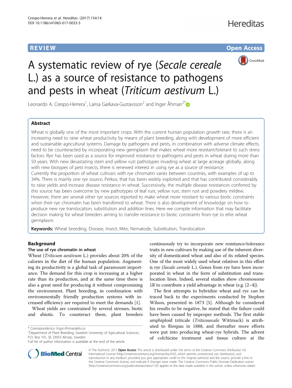 A Systematic Review of Rye (Secale Cereale L.) As a Source of Resistance to Pathogens and Pests in Wheat (Triticum Aestivum L.) Leonardo A