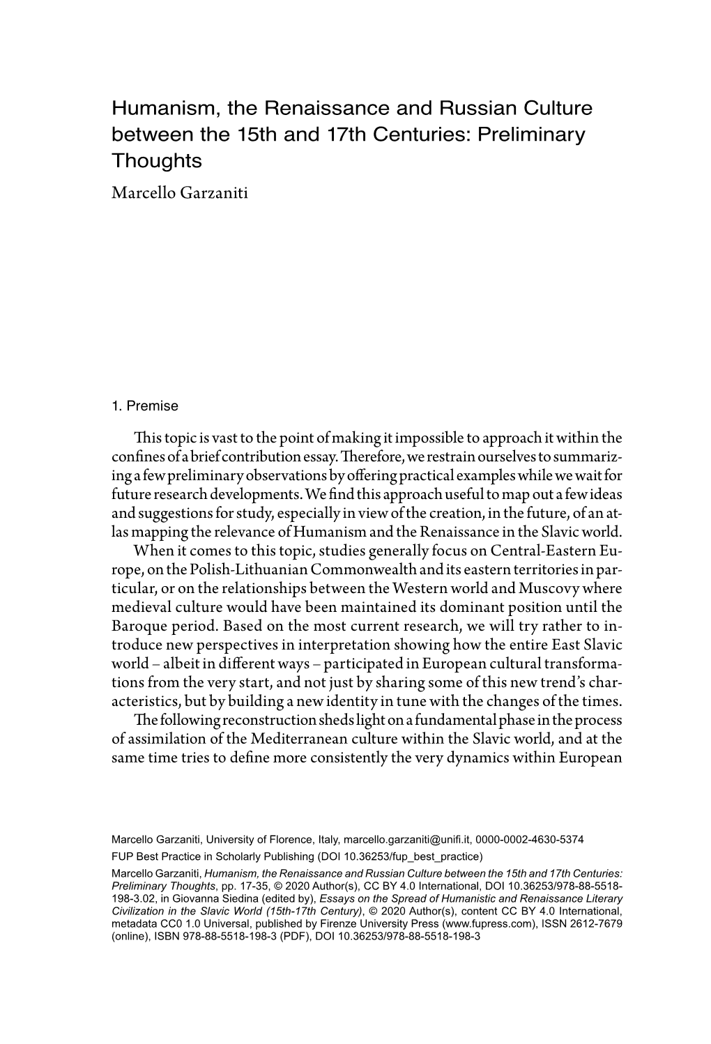 Humanism, the Renaissance and Russian Culture Between the 15Th and 17Th Centuries: Preliminary Thoughts Marcello Garzaniti