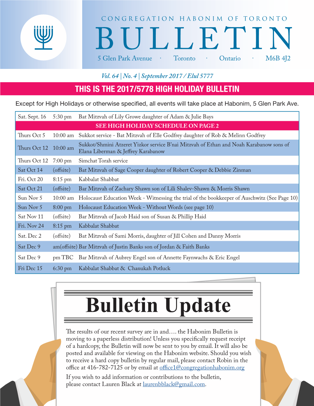 Bulletin Vol. 64 | No. 4 | June 2017 / Elul 5777