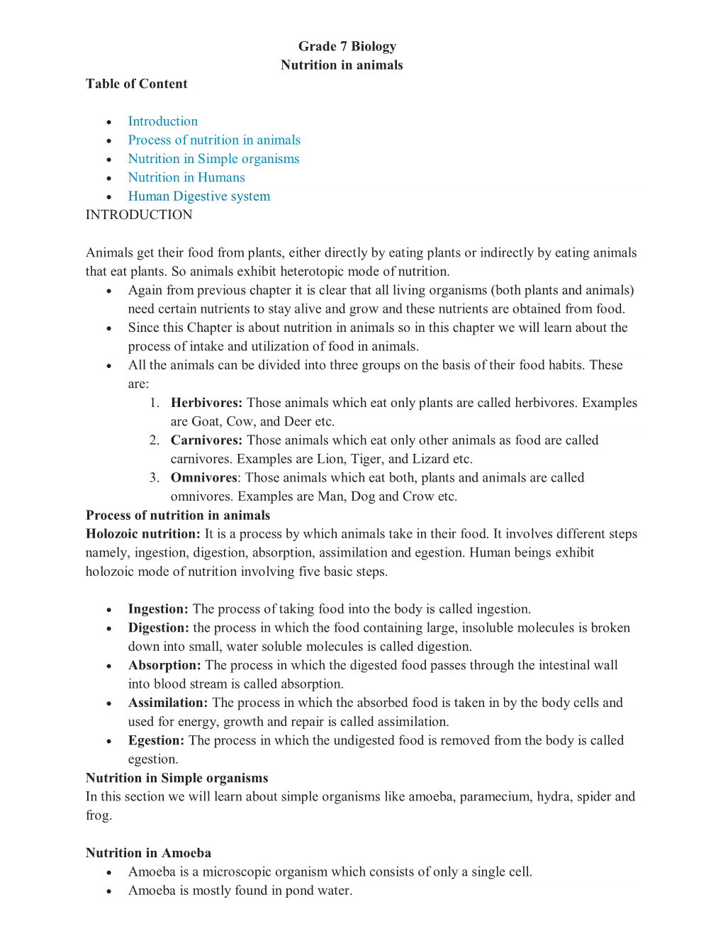 Grade 7 Biology Nutrition in Animals Table of Content Introduction