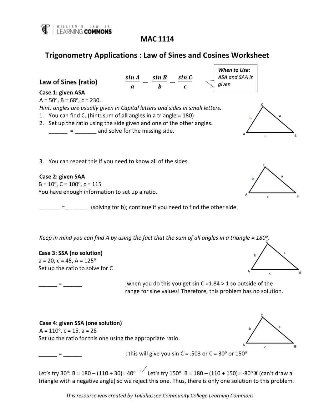 Law of Sines and Cosines Worksheet