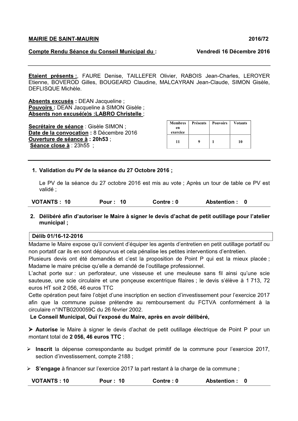 MAIRIE DE SAINT-MAURIN 2016/72 Compte Rendu Séance Du Conseil