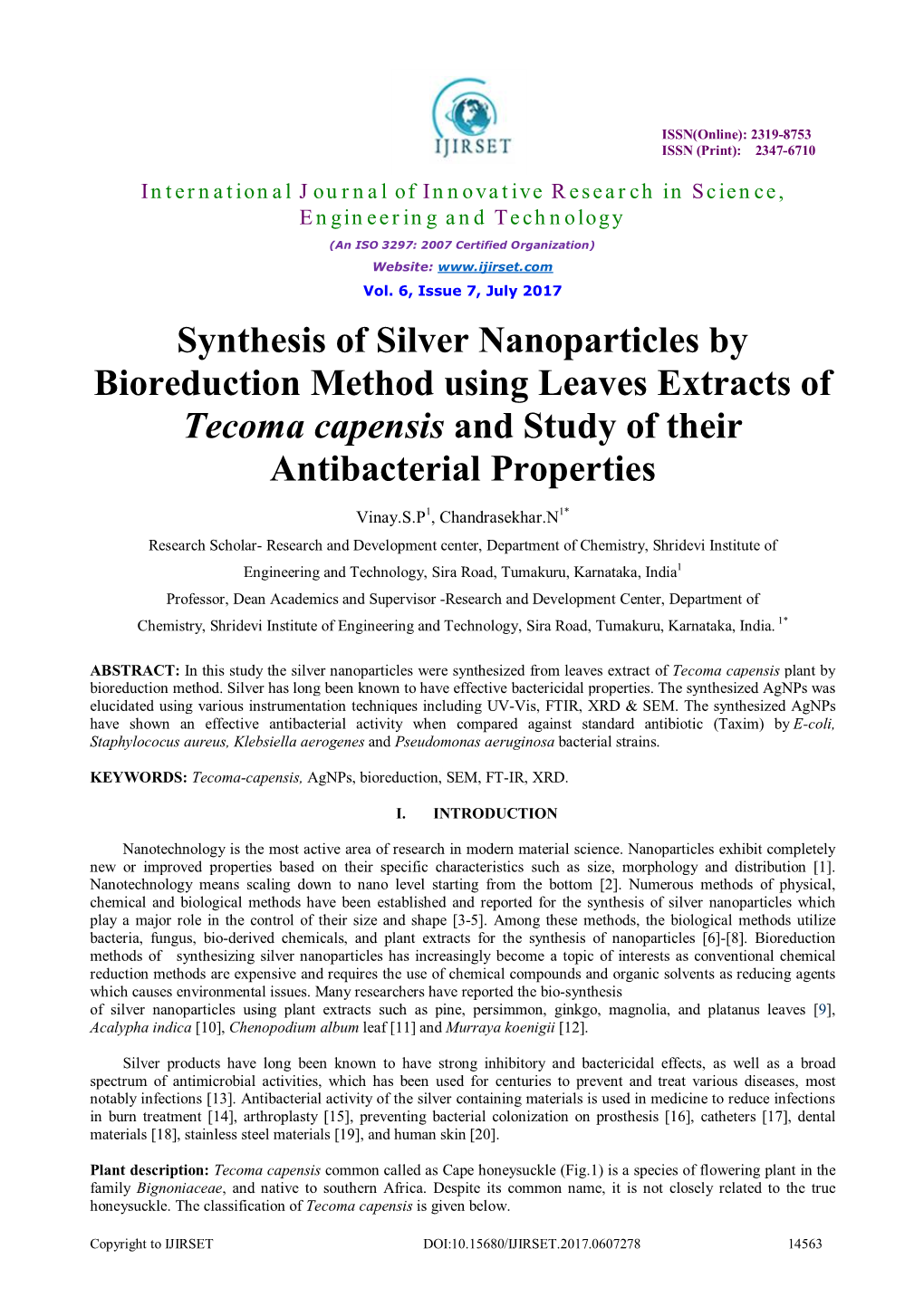 Synthesis of Silver Nanoparticles by Bioreduction Method Using Leaves Extracts of Tecoma Capensis and Study of Their Antibacterial Properties