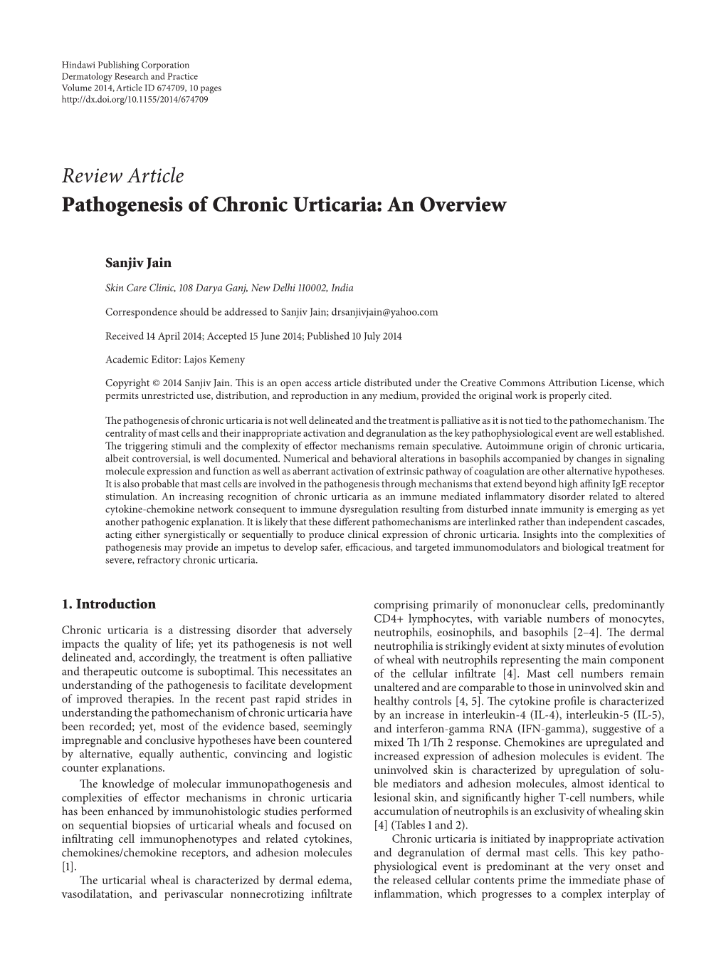 Review Article Pathogenesis of Chronic Urticaria: an Overview