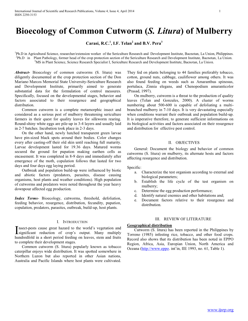 Bioecology of Common Cutworm (S. Litura) of Mulberry