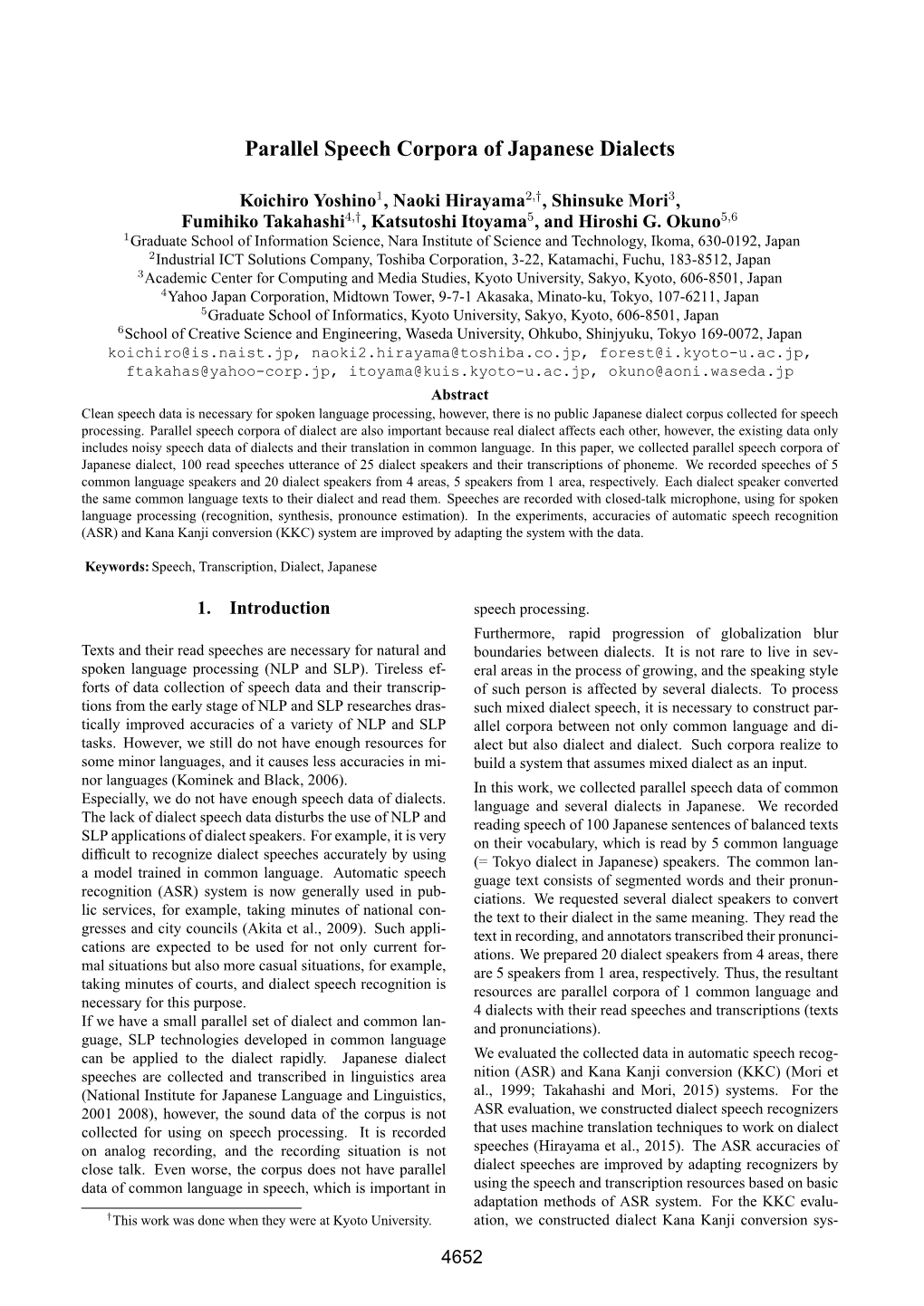 Parallel Speech Corpora of Japanese Dialects