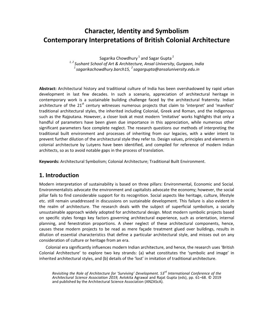 Character, Identity and Symbolism Contemporary Interpretations of British Colonial Architecture