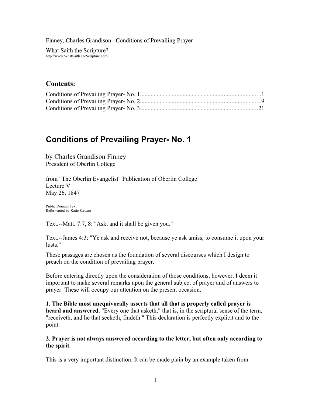 Finney, Charles Grandison Conditions of Prevailing Prayer