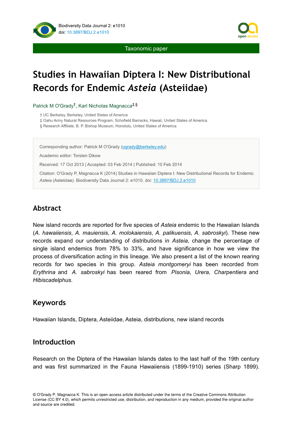 Studies in Hawaiian Diptera I: New Distributional Records for Endemic Asteia (Asteiidae)