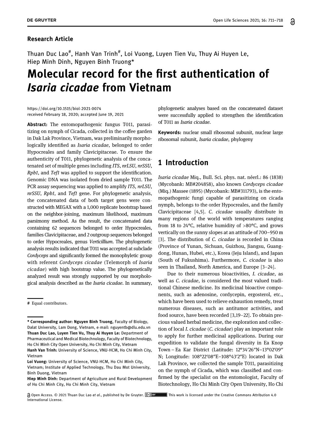 Molecular Record for the First Authentication of Isaria Cicadae