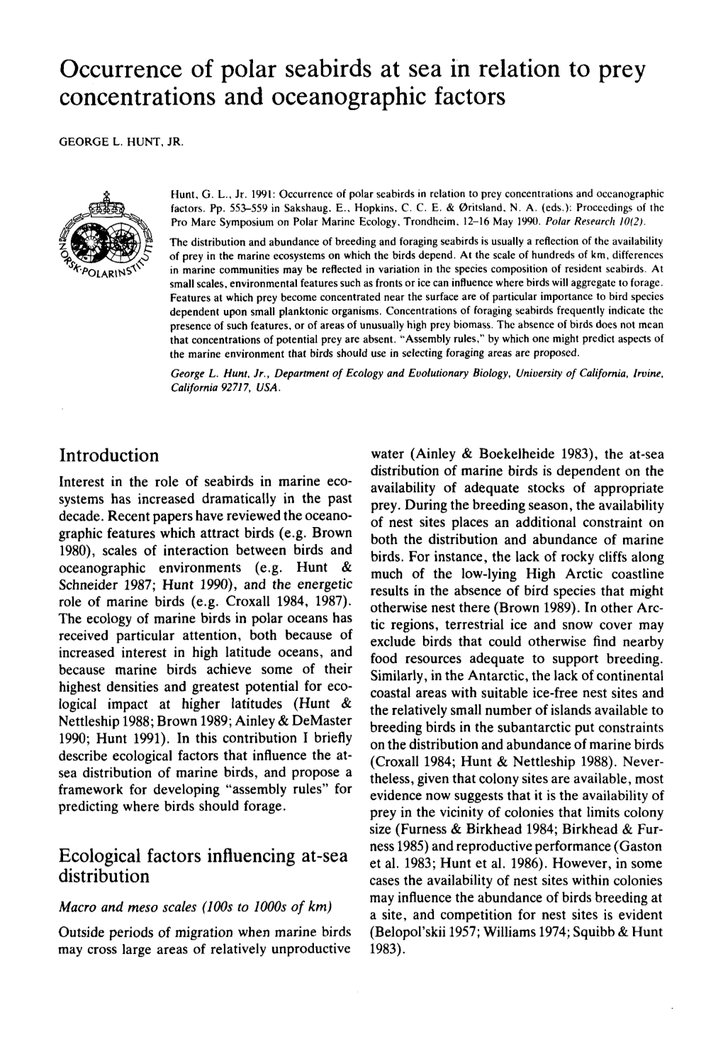 Occurrence of Polar Seabirds at Sea in Relation to Prey Concentrations and Oceanographic Factors