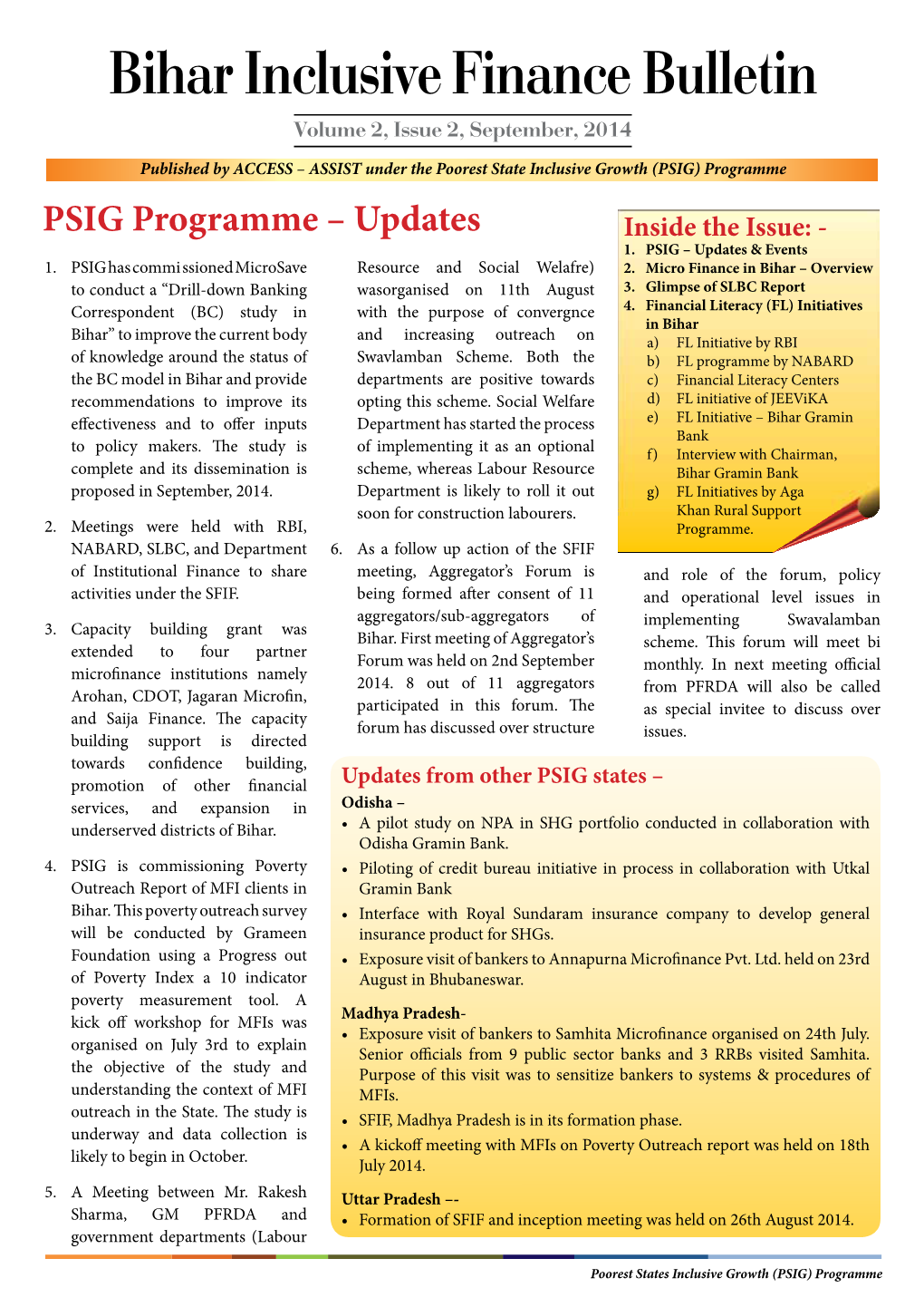 Bihar Inclusive Finance Bulletin Volume 2, Issue 2, September, 2014