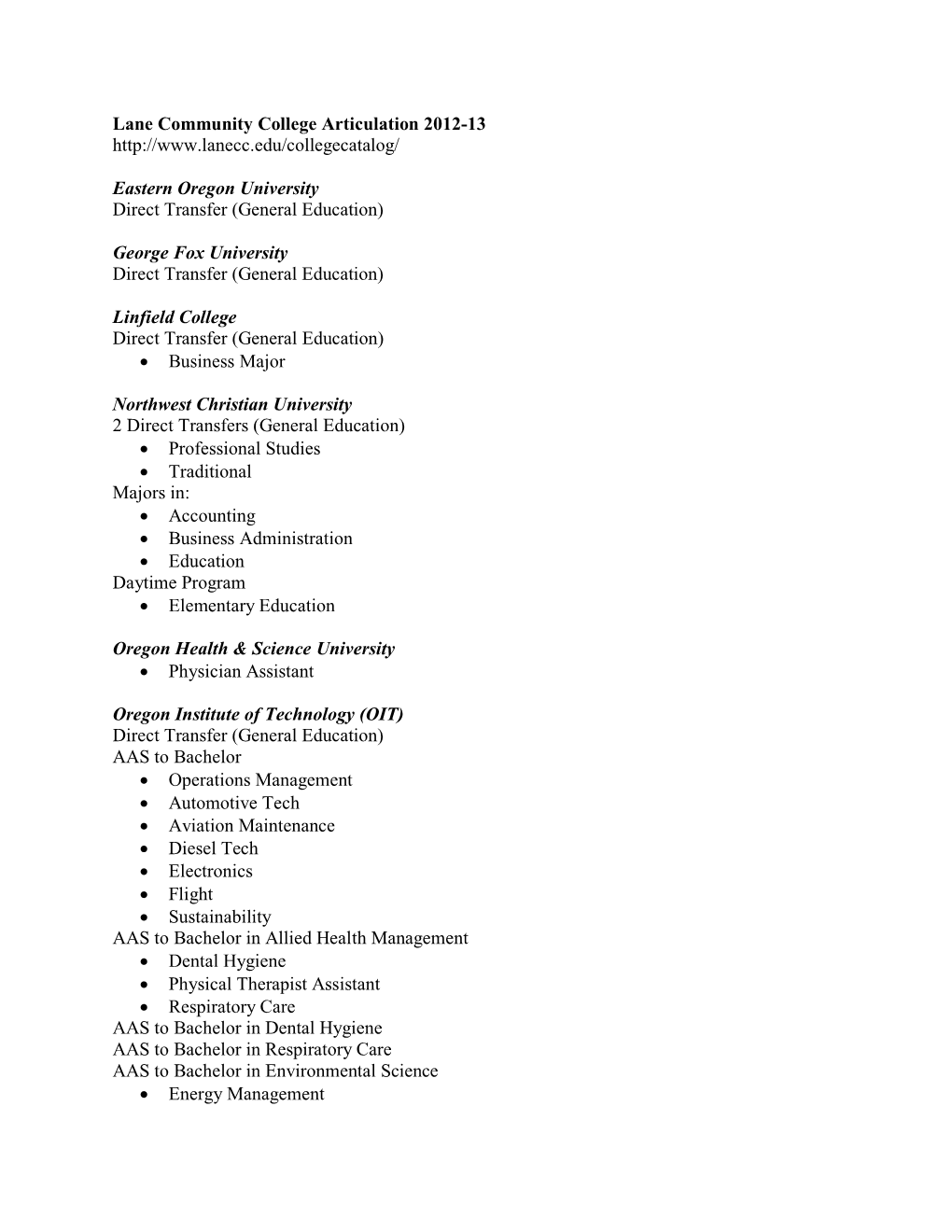 Lane Community College Articulation Agreements, 2012-13
