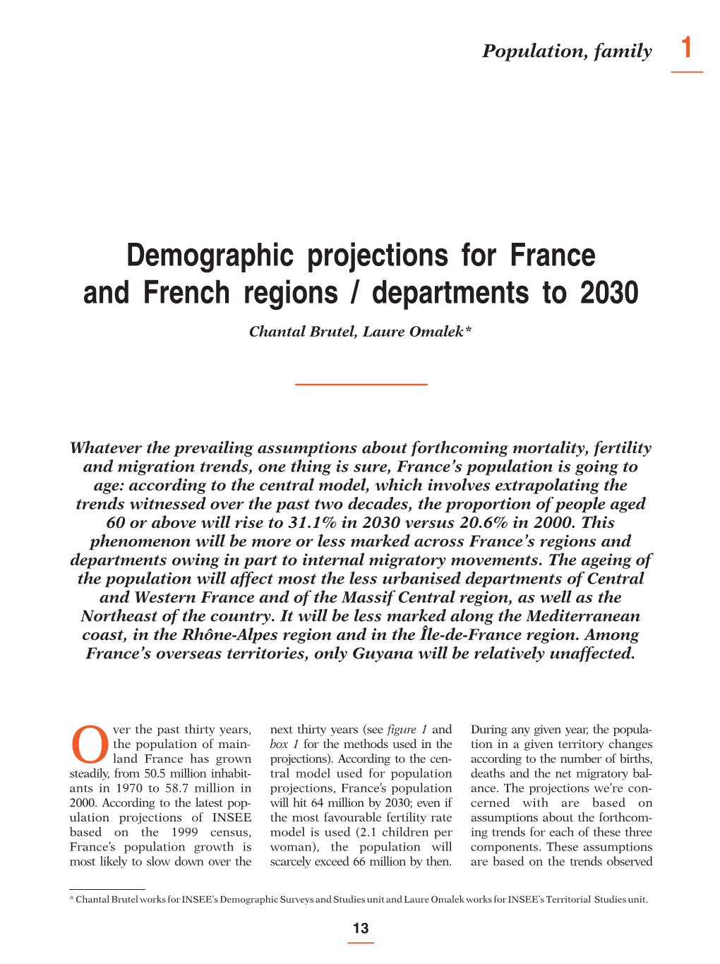 Demographic Projections for France and French Regions / Departments to 2030