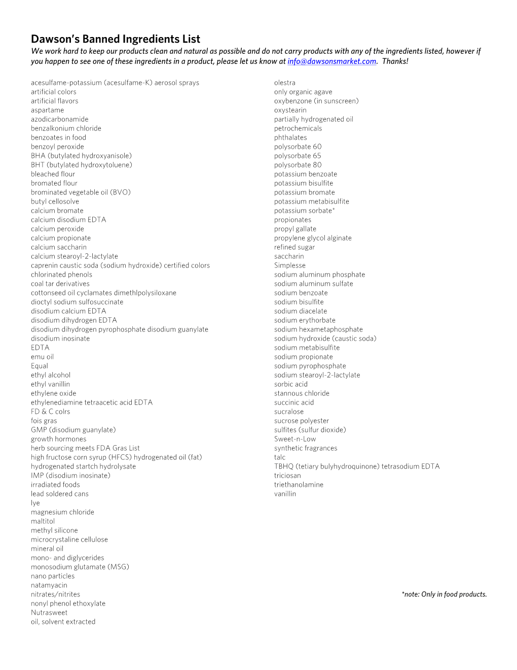 Dawson's Banned Ingredients List